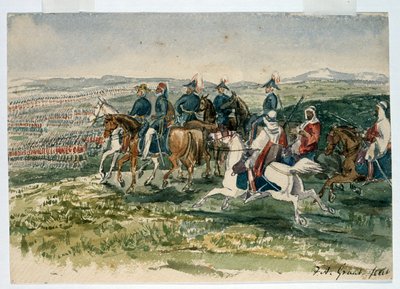 1854年7月6日，奥马尔·帕夏（Omar Pasha）和圣公元帅（Marshal St Arnaud）在剑桥公爵的指挥下，在阿拉德（Aladyn）接受了护卫队和高地人 作者 弗朗西斯·格兰特