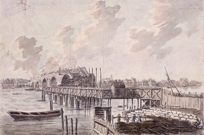 布莱克弗里尔桥的建造，伦敦，约1762年。   作者 弗朗西斯·格罗斯