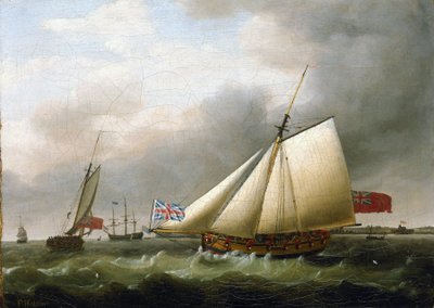 船 "Fly "和其他船只，位于英格兰唐斯南部，悬挂英国国旗。布面油画 作者 弗朗西斯·霍尔曼