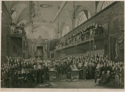 1820年重要调查期间的上议院内部景色（雕刻）。 作者 弗朗西斯·菲利普（后）斯蒂芬诺夫（Stephanoff）