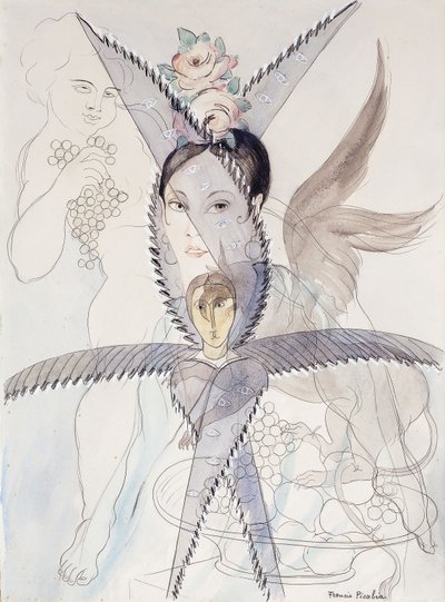 Transparency - Head and Winged Horse；Transparence - Tete et Cheval Aile，约 1928 年（纸面水彩、水粉、黑色粉笔和铅笔） 作者 弗朗西斯·毕卡比亚
