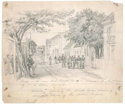 弗吉尼亚州汉普顿的主街......守卫街道的大炮"，约1860年（纸上铅笔）。 作者 弗朗西斯·谢尔
