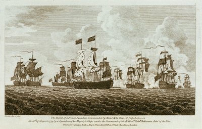 海上交战十二印》。1759 年 8 月 18 日在拉各斯角附近，由拉克鲁先生指挥的法国中队被由尊敬的埃德蒙-博斯卡文（Edwd. Boscawen）阁下指挥的英国皇家舰艇中队击败。Boscawen 阁下指挥的英国皇家海军舰艇中队。 作者 弗朗西斯·斯威恩