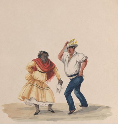 一个男人和一个女人在跳舞，来自一组描绘秘鲁服装的图画，1848年。 作者 弗朗西斯科