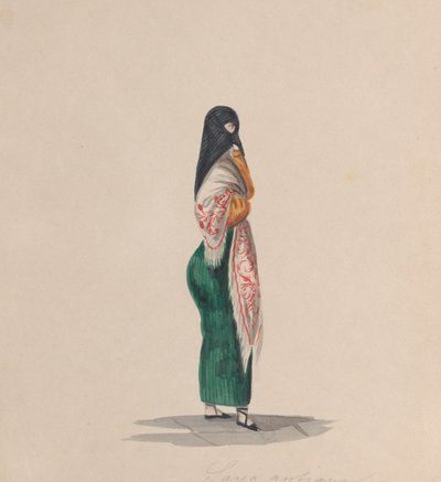 一个穿着saya的女人站在侧面，来自一组描写秘鲁的图画......，约184年 作者 弗朗西斯科