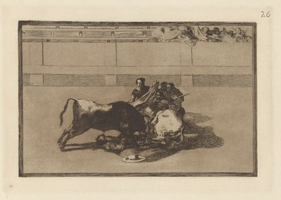 Caida de un picador de su caballo debajo del toro（斗牛士被解下马鞍，倒在公牛身下），《斗牛》第 26 版 作者 弗朗西斯科·德·戈雅