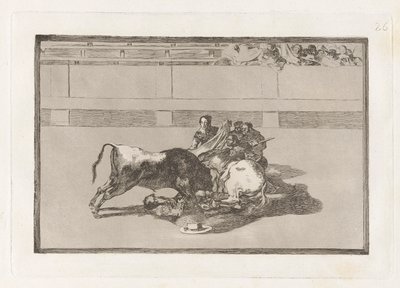Caida de un picador de su caballo debajo del toro（斗牛士被解下马鞍，倒在公牛身下），《斗牛》第 26 版 作者 弗朗西斯科·德·戈雅