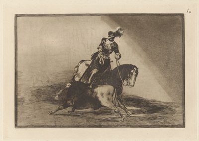 Carlos V. lanceando un toro en la plaza de Valladolid（查尔斯五世在巴利亚多利德擂台上刺杀公牛），图版 10，选自 La tauromaquia 作者 弗朗西斯科·德·戈雅