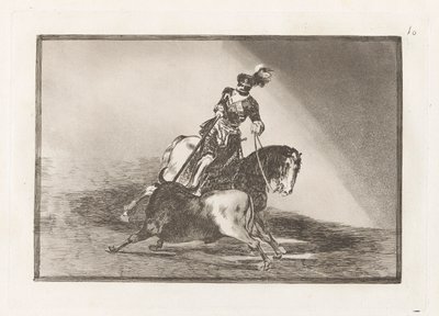 Carlos V. lanceando un toro en la plaza de Valladolid（查理五世在巴利亚多利德的擂台上矛刺公牛），图版 10，选自 La tauromaquia 作者 弗朗西斯科·德·戈雅