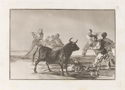 Desjarrete de la canalla con lanzas, medias-lunas, banderillas y otras armas (The Rabble Hamstring the Bull with Lances, Sickles, Banderillas and Other Arms)，图版 12，选自 La tauromaquia 作者 弗朗西斯科·德·戈雅