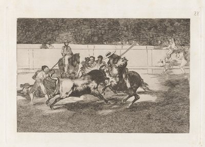 El esforzado Rendon picando un toro, de cuya suerte muri? en la plaza de Madrid（强壮的伦登用皮克刺中一头公牛，他因此死在马德里的环形广场上），图版 28，选自 La tauromaquia 作者 弗朗西斯科·德·戈雅