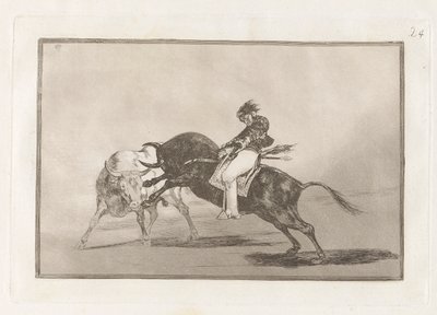 El mismo Ceballos montado sobre otro toro quiebra rejones en la plaza de Madrid（同样的塞瓦略斯骑在另一头公牛身上，在马德里的擂台上折断短矛），第 24 版，选自 La tauromaquia 作者 弗朗西斯科·德·戈雅