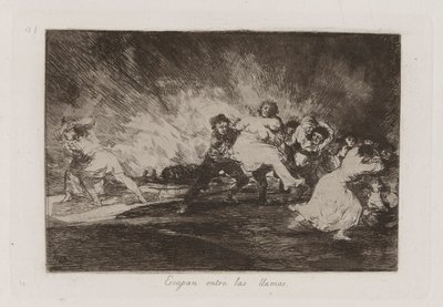 Escapan entre las llamas（他们从火焰中逃脱），选自《战争的灾难》（Los desastres de la guerra）第 41 版 作者 弗朗西斯科·德·戈雅