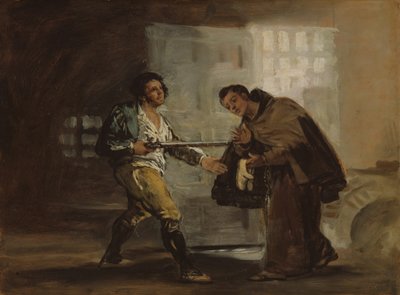 佩德罗修士向马拉加托提供鞋子并准备推开他的枪，约1806年。 作者 弗朗西斯科·德·戈雅