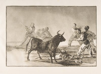 Tauromaquia的盘子12：人群用长矛，镰刀，bande ...束缚公牛，1816年。 作者 弗朗西斯科·德·戈雅