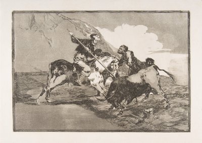 《牛头人》（Tauromaquia）的图版1：古代西班牙人在野外狩猎公牛的方式，1816年。 作者 弗朗西斯科·德·戈雅