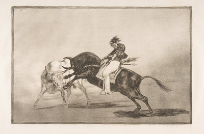 Tauromaquia的第24板块：安装在另一头公牛上的同一头Ceballos打破了矮个子……，1816年。 作者 弗朗西斯科·德·戈雅
