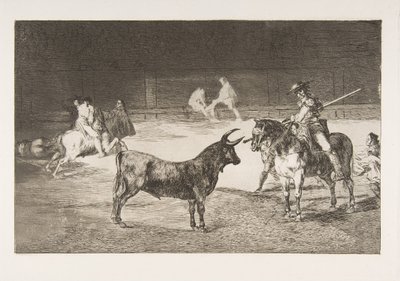 陶朗马基亚（Tauromaquia）上的第27板：著名的Picador，费尔南多·德尔·托罗（Fernando del Toro），画出了烈火……，1816年。 作者 弗朗西斯科·德·戈雅