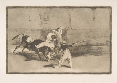 图版8来自 "Tauromaquia"：一个摩尔人被公牛抓到圈里，1816年。 作者 弗朗西斯科·德·戈雅