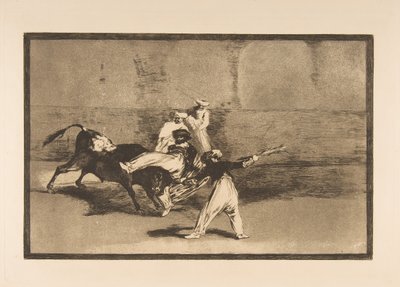 牛头人（Tauromaquia）的第8块板块：公牛在环上被困在一条停泊处， 1816。 作者 弗朗西斯科·德·戈雅