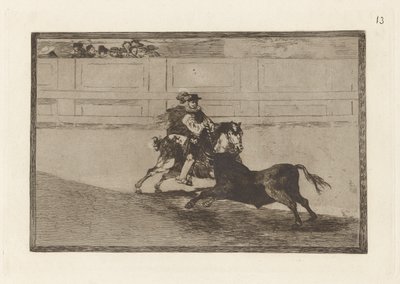 Un caballero espa?ol en plaza quebrando rejoncillos sin auxilio de los chulos（一名西班牙骑马骑士在没有助手帮助的情况下在擂台上折断短矛），图版 13，选自 La tauromaquia 作者 弗朗西斯科·德·戈雅