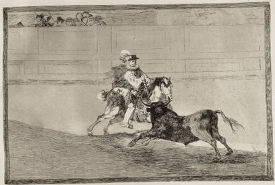 弗朗西斯科-德-古雅-卢西恩特斯（1746-1828 年）。一位西班牙骑马骑士在没有助手帮助的情况下在擂台上折断短矛。1816.蚀刻版画。西班牙。马德里（自治区）。马德里。国家图书馆 作者 弗朗西斯科·何塞·德·戈雅 y Lucientes
