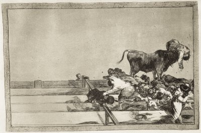 戈雅·Y·卢西恩特斯，弗朗西斯科·德（1746-1828）。 马德里斗牛场前排发生的可怕事件以及 1801 年托雷洪市长的去世。1816 年。《斗牛的艺术》第 21 版。 蚀刻。 西班牙。 马德里（自治社区）。 马德里。 国家的 作者 弗朗西斯科·何塞·德·戈雅 y Lucientes