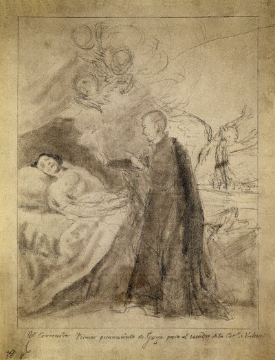 圣弗朗西斯-博尔哈（1510-1578 年）在一位垂死的悔罪者床边。1788 年，弗朗西斯科-德-戈雅-伊-卢森特斯（1746-1828 年）绘制。为奥苏纳家族委托创作的同名画作绘制的草图。马德里普拉多博物馆。 作者 Francisco Jose de Goya y Lucientes