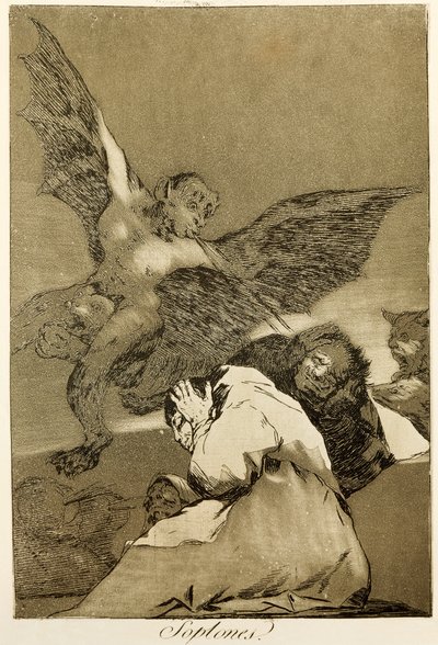 弗朗西斯科-德-戈雅(1746-1828)的《告密者》，蚀刻版画和水印版画，系列Capricci(circaprichos)的第48号。 作者 弗朗西斯科·何塞·德·戈雅 y Lucientes