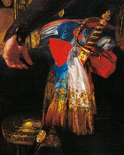 剑和腰带，弗朗西斯科-德-戈雅（1746-1828）为1798年至1800年法国驻西班牙大使费迪南-吉勒马代画像的细节，布面油画。 作者 弗朗西斯科·何塞·德·戈雅 y Lucientes