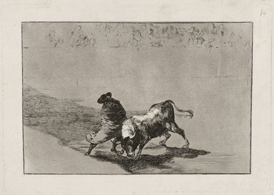 聪明的“ Falces学生”（Student of Falces）通过裹在他的斗篷（图板14）中来回走动，激怒了公牛。 作者 弗朗西斯科·德·戈雅