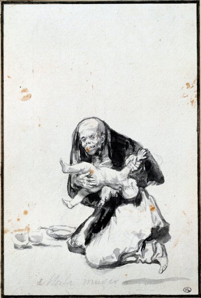 坏女人（Mala mujer）。邪恶的女人。食人场景，一个女巫吞噬了一个孩子。弗朗西斯科-戈雅-伊-卢古尔德（1746-1828）的灰色水洗画，太阳。0,21x0,14米 巴黎，卢浮宫博物馆 作者 弗朗西斯科·德·戈雅