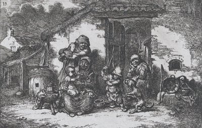图版19：一个家庭和一个男孩在屋外与狗玩耍，出自《习俗》系列，1850年。 作者 弗朗西斯科·拉迈耶·贝伦格