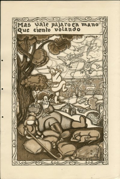 弗朗西斯科-桑查-伦戈（1874-1936）的插图--飞叶，约1915年--Mas vale pajaro en mano que ciento volando--14-18年战争，德国普鲁士，交战方和象征，胜利，和平，西班牙语，外国新闻。 作者 Francisco Sancha y Lengo