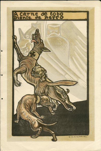 弗朗西斯科-桑查-伦戈（1874-1936）的插图--飞叶，约1915年--A carne de lobo diente de perro--14-18年战争，德国普鲁士，英国大不列颠，交战方和象征，法国，西班牙语，外国媒体--威廉二世，狗，藏匿 作者 Francisco Sancha y Lengo