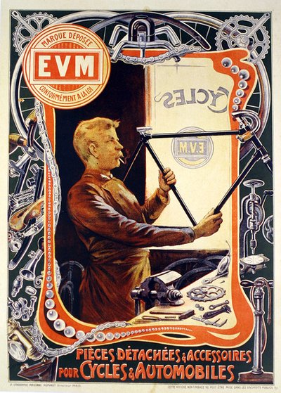 E.V.M.自行车配件广告海报（彩色平印）。 作者 弗朗西斯科·塔玛格诺