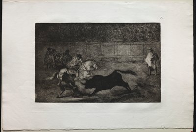斗牛：  西班牙骑马骑士在助手的帮助下折断短矛 作者 弗朗西斯科·德·戈雅