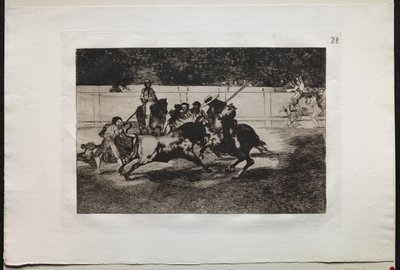 斗牛：有力的伦登（Rendon）与皮克（Pique）刺入一头公牛，他因此而逝世……，1876年。 作者 弗朗西斯科·德·戈雅
