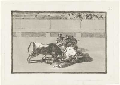 皮卡多被撞下马，躺在公牛身下
Caida de un picador de su caballo debajo del toro
La Tauromaquia（系列名称）
斗牛（系列名称） 作者 弗朗西斯科·德·戈雅