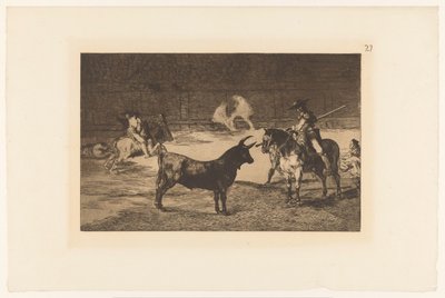 费尔南多-德尔-托罗（Fernando del Toro daagt een stier uit
大名鼎鼎的费尔南多-德尔-托罗（Fernando del Toro），用他的竿子（garrocha）逼迫野兽
Stierengevechten （系列名称）
La Taureaumachie（系列名称）
La Tauromaquia（系列名称） 作者 尤金·洛泽莱特