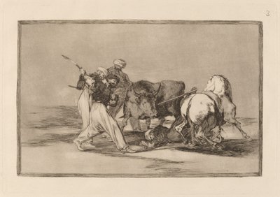 The Moors Settled in Spain, Giving up the Superstitions of the Koran, Adopted this Art of Hunting, and Spear a Bull in the Field (摩尔人在西班牙定居，放弃了《可兰经》的迷信，采用了这种狩猎艺术，并在田间用矛刺死了一头牛)。 作者 弗朗西斯科·德·戈雅