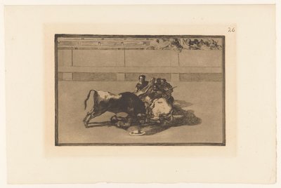 Picador van zijn paard gevallen
一个斗牛士从马背上摔了下来
Stierengevechten（系列标题）
La Taureaumachie（系列名称）
La Tauromaquia（系列名称） 作者 尤金·洛泽莱特