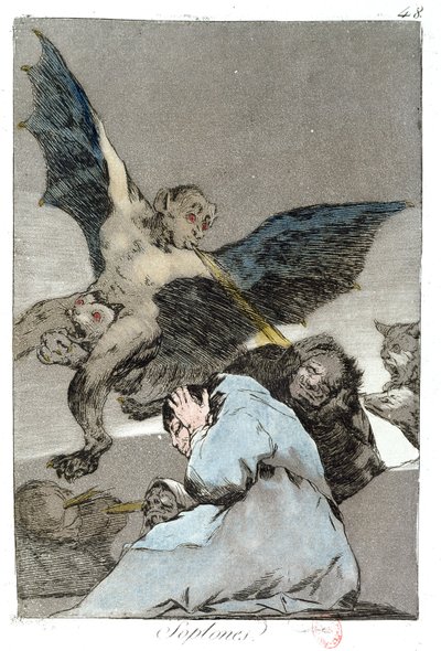 Soplones（Blast of Wind），18世纪晚期&39;Los Caprichos&39;的48号板块 作者 弗朗西斯科·德·戈雅