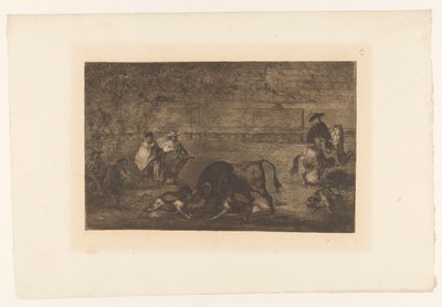公牛被狗袭击
Les chiens lâchés sur le taureau (斗牛犬被咬)
斗牛（系列名称）
La Taureaumachie（系列名称）
La Tauromaquia（系列名称） 作者 尤金·洛泽莱特