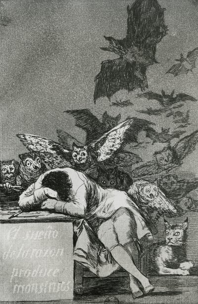 睡眠的理性产生怪物，来自&39;Los Caprichos&39;（雕刻）（bw照片）（另见81662） 作者 弗朗西斯科·德·戈雅