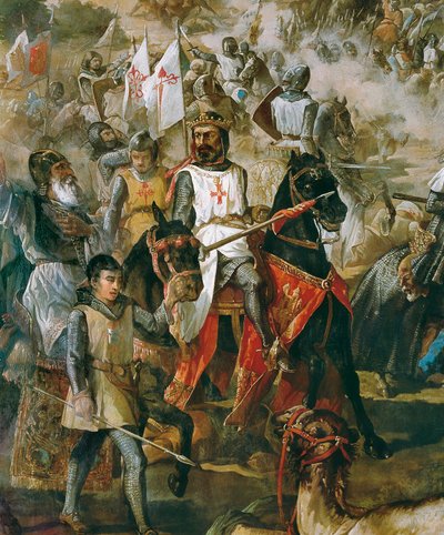 重建西班牙：1212 年 7 月 16 日基督教军队与摩尔人军队之间的 las Navas de Tolosa 战役。国王阿方索八世的细节。弗朗西斯科-德-保拉-范-哈伦（Francisco de Paula Van Halen，1810-1887 年）绘制。1864.马德里。参议院宫殿。 作者 弗朗西斯科·德·保拉·范·海伦