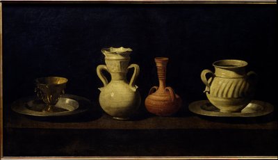 静物、杯子和花瓶。 弗朗西斯科·德·祖巴兰 (Francisco de Zurbaran) 的绘画 (1598 - 1664) 作者 弗朗西斯科·德祖巴兰