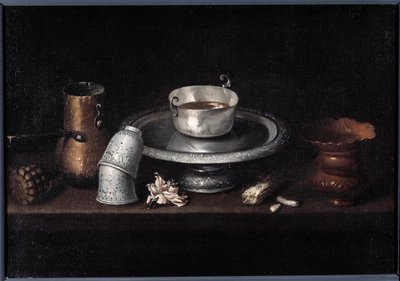 静物巧克力早餐巧克力杯，杯子。 弗朗西斯科·德·祖巴兰 (Francisco de Zurbaran) (1598-1664) 的绘画。 17 世纪贝桑松，美术博物馆 作者 弗朗西斯科·德祖巴兰