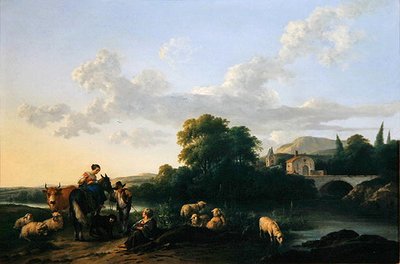 意大利风景中的农民和牛（油画板）。 作者 Franciscus Xaverius Xaverij