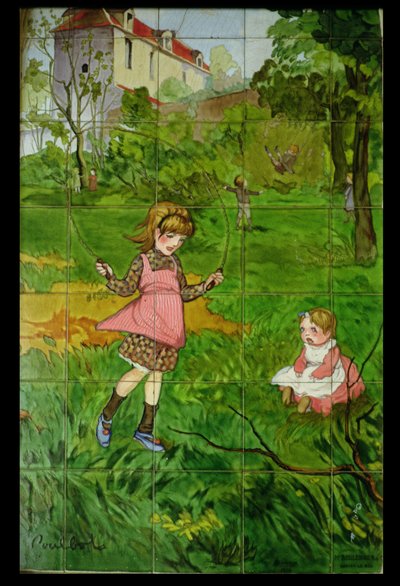 装饰有儿童在花园里玩耍的瓷砖（釉面陶瓷） 作者 弗朗西斯·波尔博特